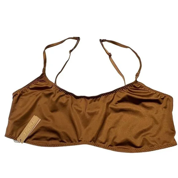 SKIMS Stretch Satin Scoop Neck Bralette + Cheeky Tanga Bronze 3X